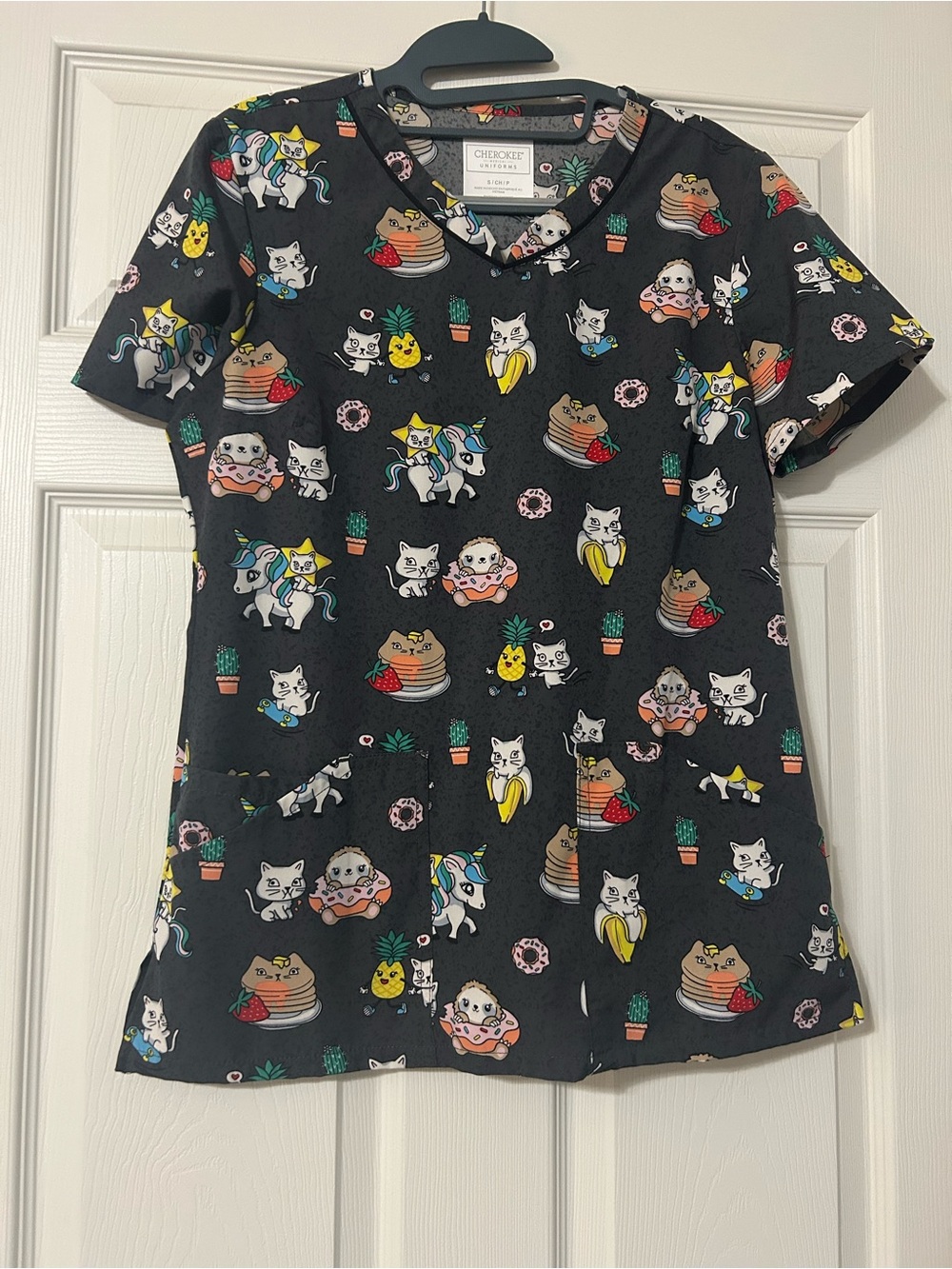 Cherokee Black Scrub Top with Cute Cat & Food Motif